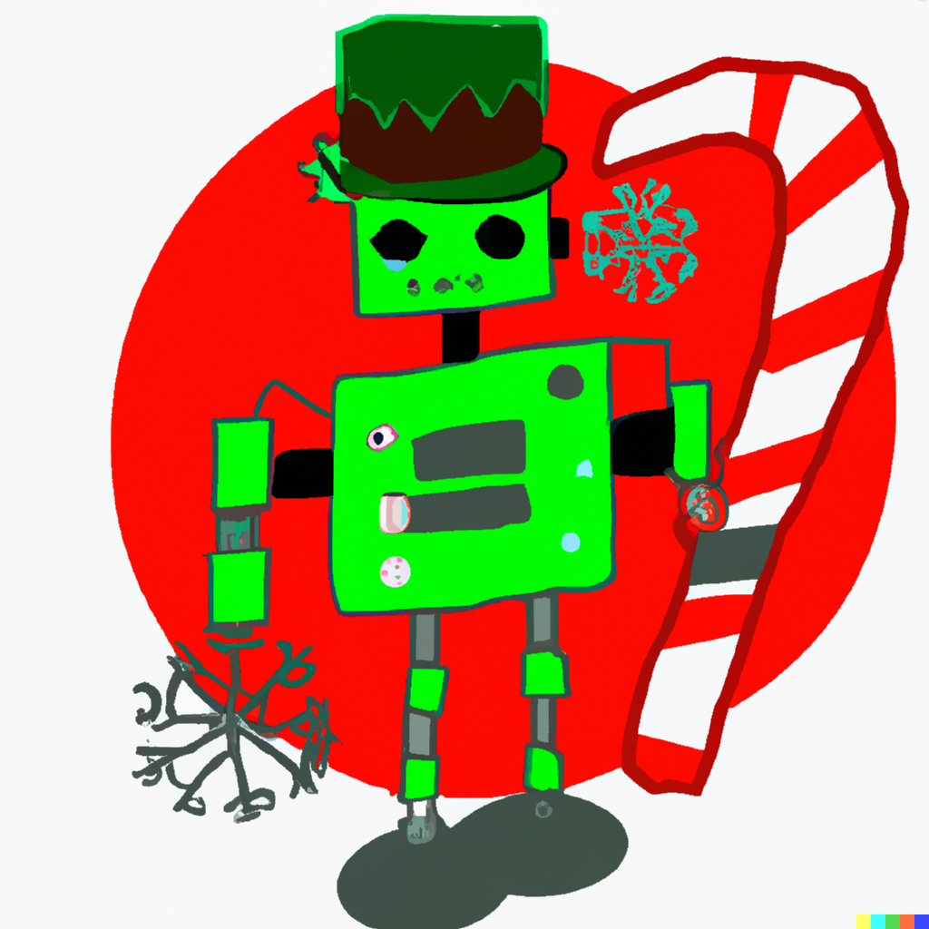 A green robot in the shape of a snowflake with a red hat and a cane